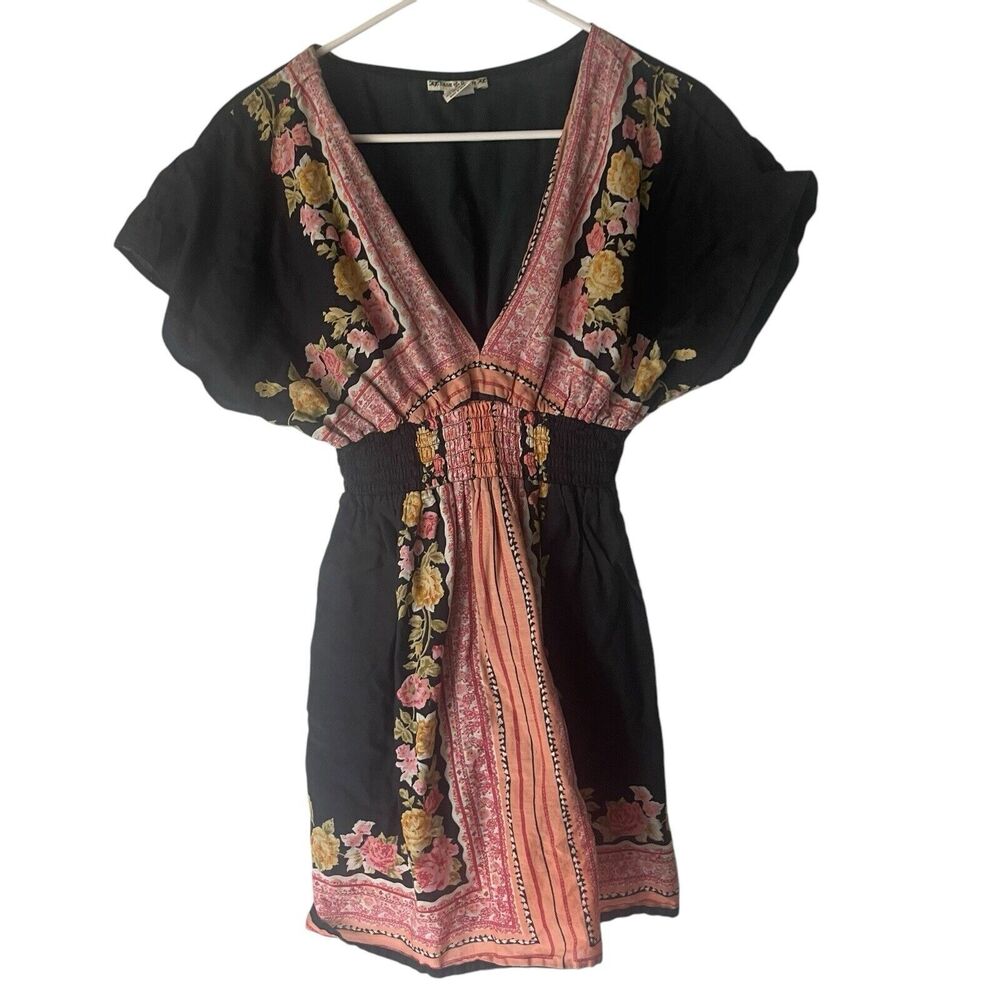 Blue Plate Y2k Size Large Cotton Floral Boho‎ Peasant Babydoll Black Tunic Top